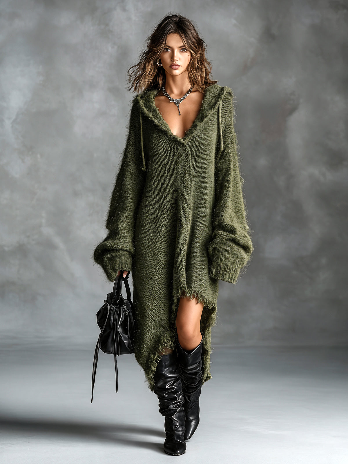 Sophia | Fuzzy Knit Hooded Oversized Dress