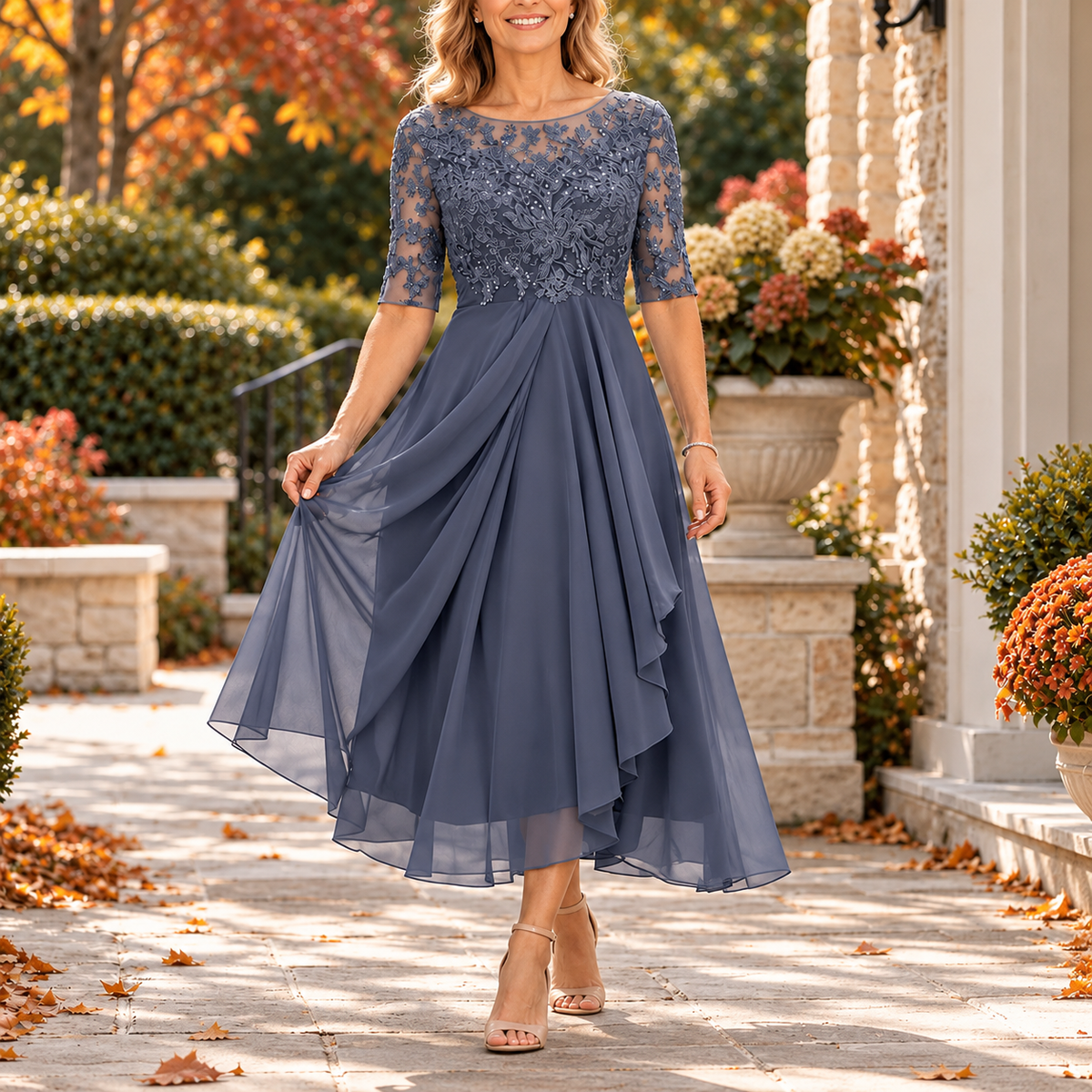 Avi | Lace Bodice Draped Midi Dress