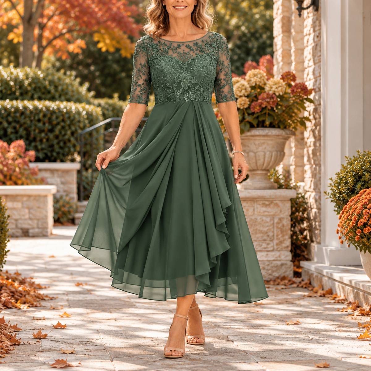 Avi | Lace Bodice Draped Midi Dress