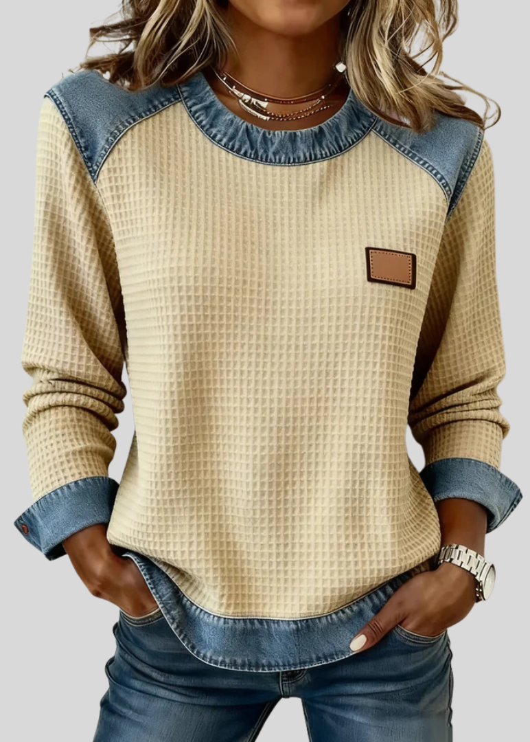 OLIVIA | Women's Waffle-Knit Patchwork Trim Sweatshirt