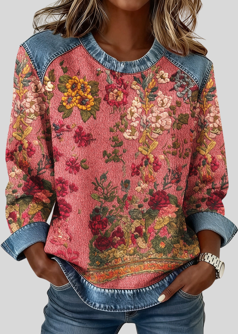 LENORA | Women's Floral Print Pullover Sweatshirt with Contrast Cuffs