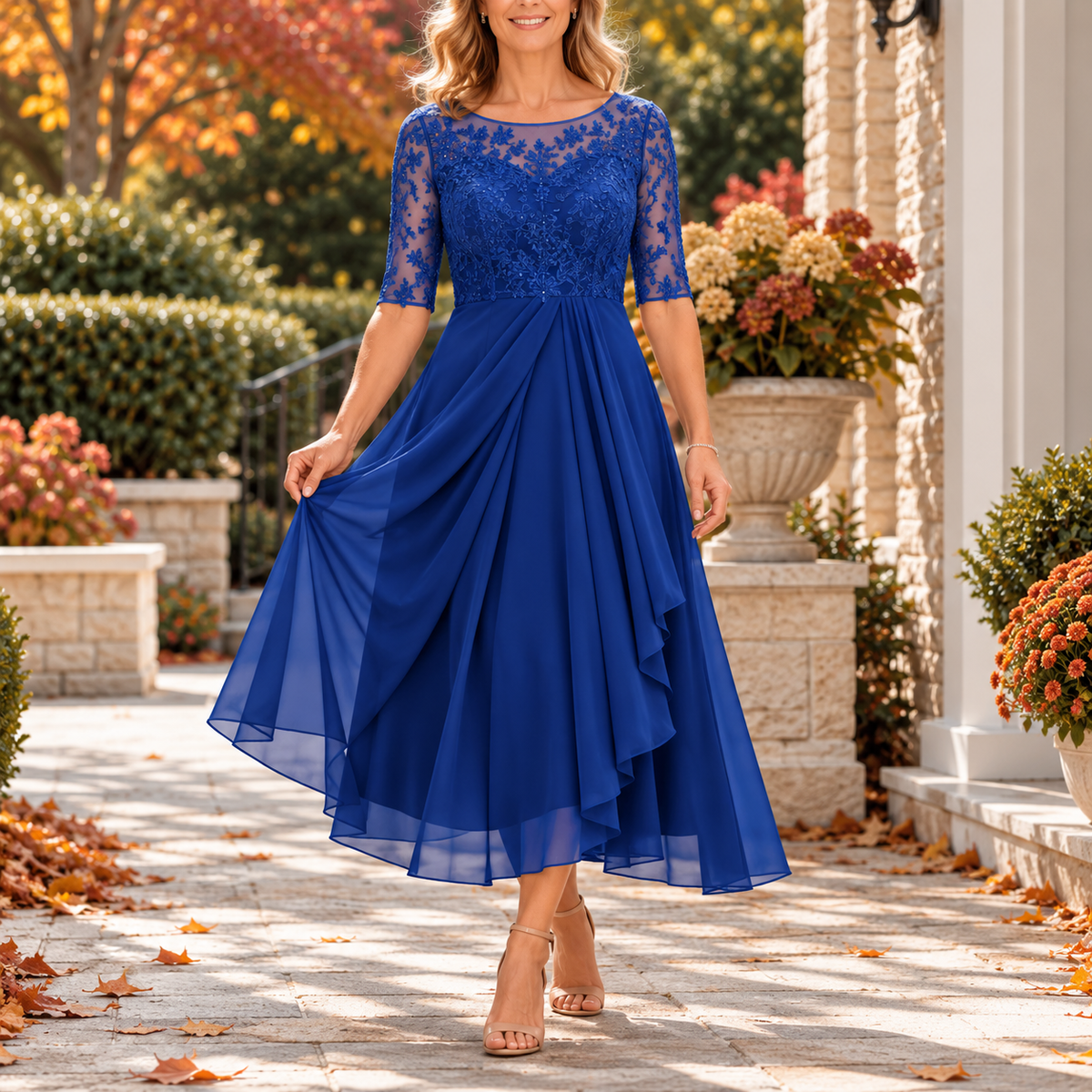 Avi | Lace Bodice Draped Midi Dress