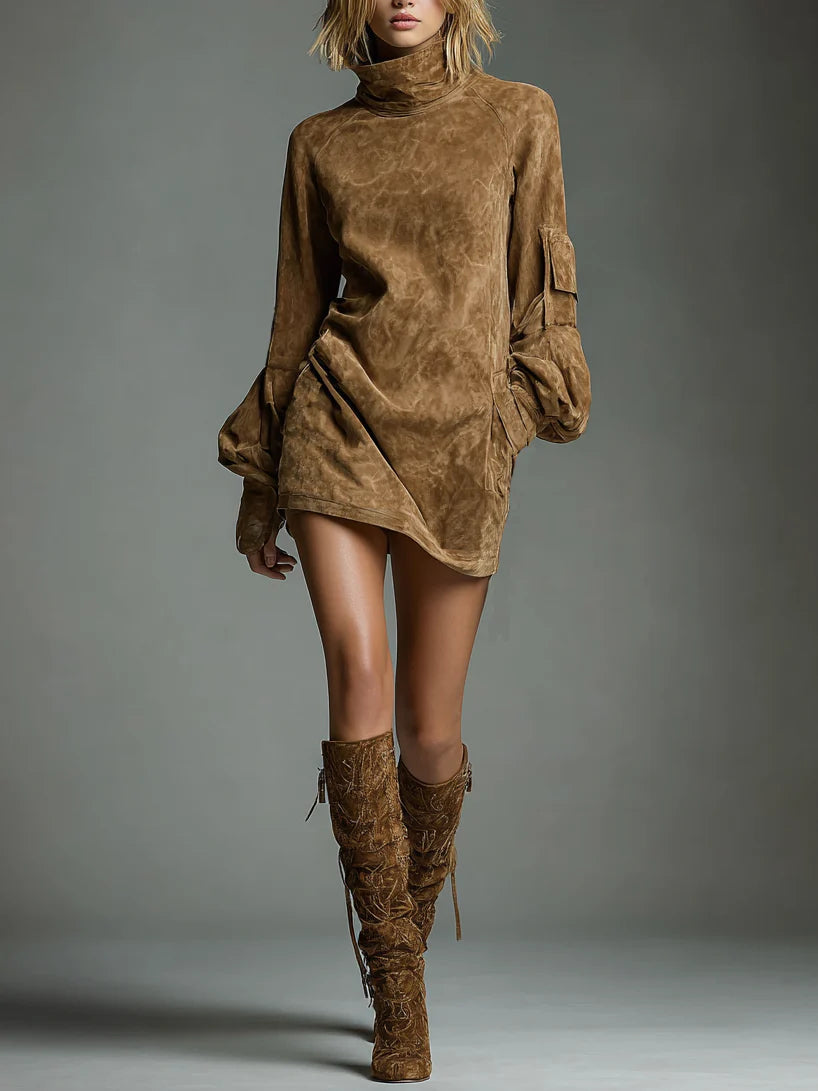 Bruna | Oversized Suede Mini Dress with High Neck