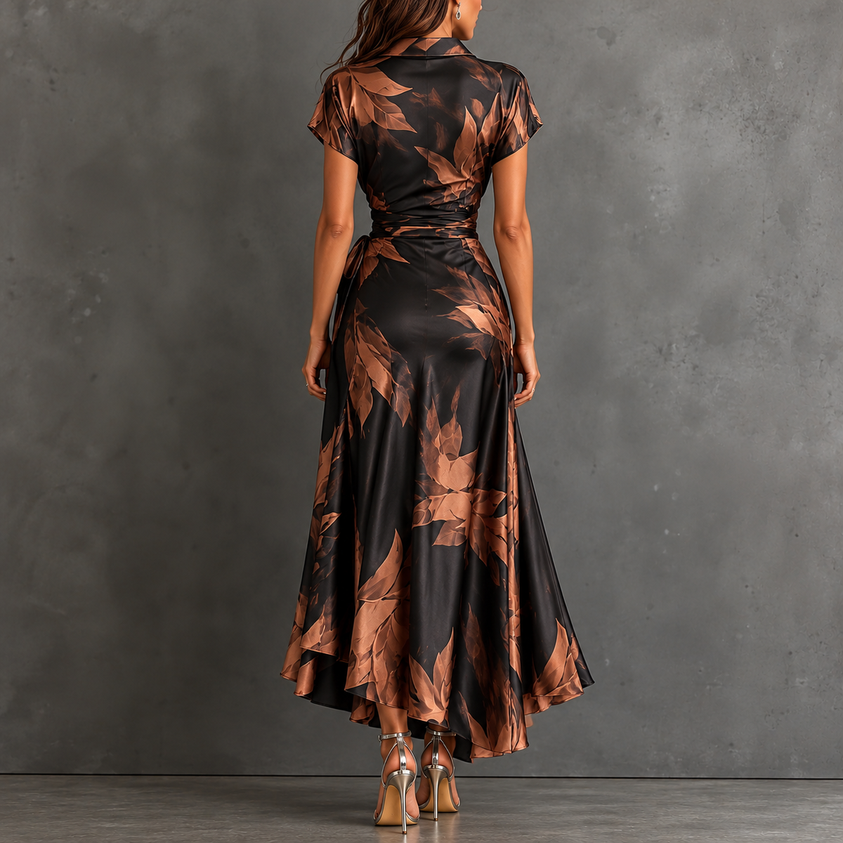 FRANCESCA | BROWN ABSTRACT PRINT MIDI WRAP DRESS