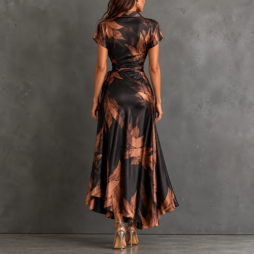 FRANCESCA | BROWN ABSTRACT PRINT MIDI WRAP DRESS