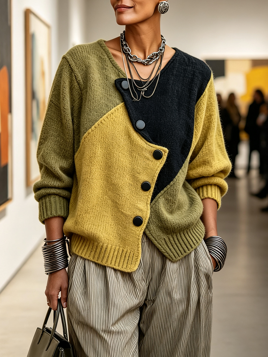 FREYA | Women's Color-Block Asymmetric Button Knit Cardigan