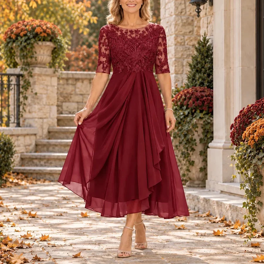 Avi | Lace Bodice Draped Midi Dress